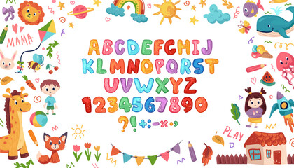 Crayon kids font, doodle funny playful alphabet, hand drawn letters and numbers. School wax crayon abc for educational banners, school, kindergarten. Vector cartoon children illustration
