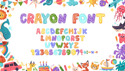Crayon kids font, doodle funny playful alphabet, hand drawn letters and numbers. School wax crayon abc for educational banners, school, kindergarten. Vector cartoon children illustration