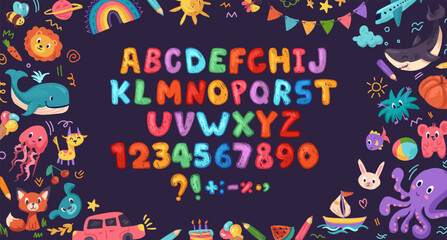Crayon kids font, doodle funny playful alphabet, hand drawn letters and numbers. School wax crayon abc for educational banners, school, kindergarten. Vector cartoon children illustration