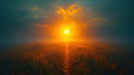 Golden path through misty field at sunset