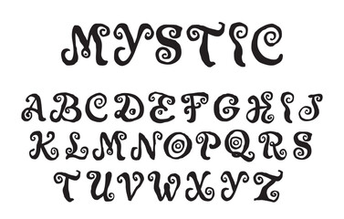 Witch Spooky and mystic vector hand drawn alphabet on white background