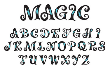 Witch Spooky and Magical vector hand drawn alphabet on white background