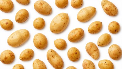 Isolated potatoes on a plain white surface. Aerial perspective. Flat arrangement design.