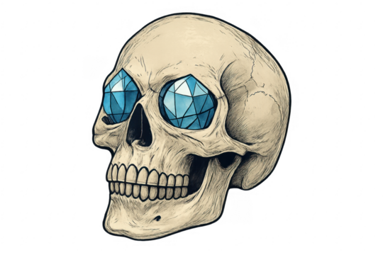 Skull with blue diamond eyes illustration on transparent background