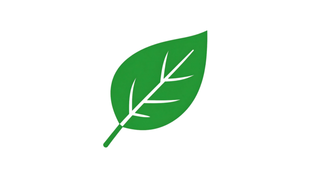 Green leaf on black. Graphic of a single leaf, with veins, rendered in a flat style on solid black background