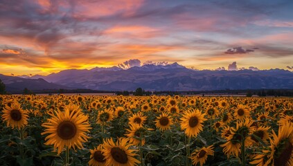 Obraz premium Golden sunflower meadow at dusk with distant mountain silhouettes