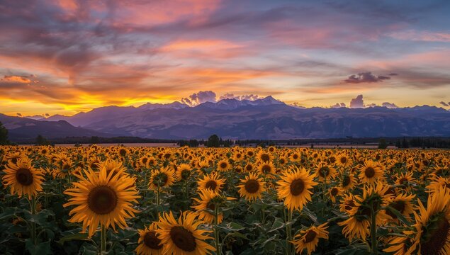 Golden sunflower meadow at dusk with distant mountain silhouettes