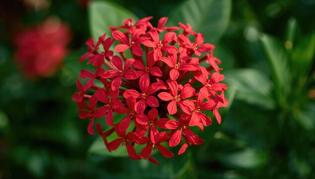 Crimson Chinese ixora featuring tiny blossoms