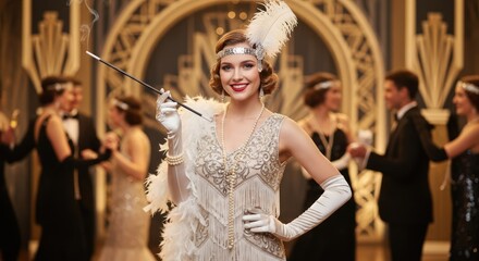 A woman in a 1920s flapper dress at a party.