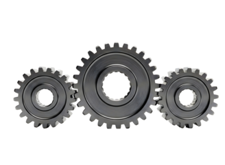 Three dark metal gears interlocking on a transparent background isolated on transparent background