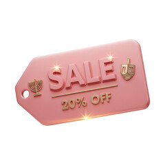A pink sale tag isolated on transparent background with a 20 off discount, featuring hanukkah symbols for festive holiday promotions and customer attraction