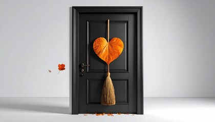 Black door with heart-shaped autumn leaf and broom in white room, another leaf falling
