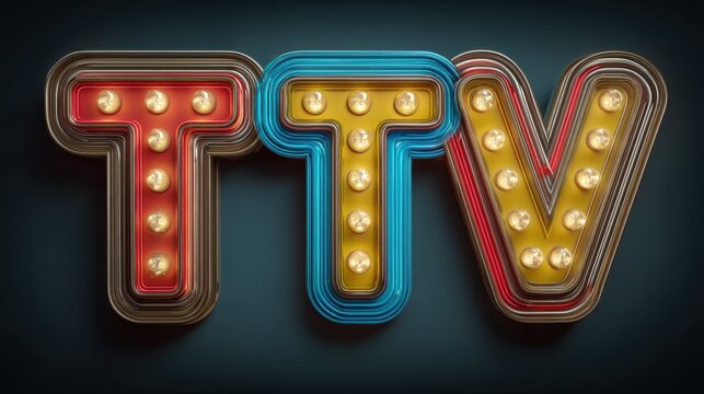 Colorful Vintage Neon Sign Displaying Letters TTV with Bright Bulbs Glowing Against Dark Background