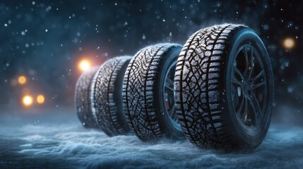 Snowy Winter Scene with Winter Tires Displayed on a Frosty Surface in Cold Weather Environment