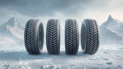 Four All-Weather Tires Displayed in a Snowy Mountain Landscape with Vibrant Tread Patterns