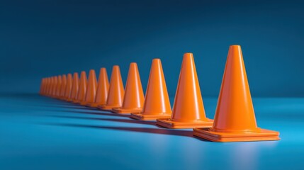 Bright Orange Traffic Cones Aligned on Sleek Blue Background for Safety and Construction Themes