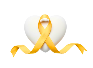 White heart symbol on yellow awareness ribbon isolated on transparent background