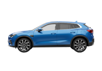Isolated blue SUV car side view for advertising, transportation and mobility design art