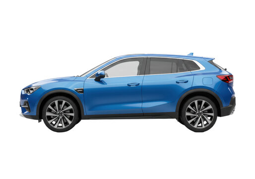 Isolated blue SUV car side view for advertising, transportation and mobility design art