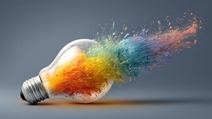 Colorful Explosion of Paint from a Light Bulb Representing Creativity and Innovation in Art and Design