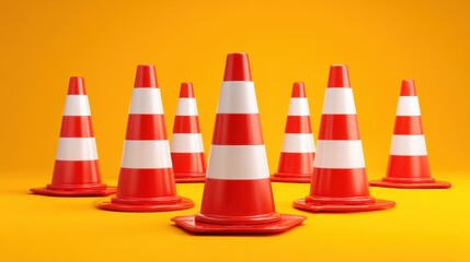 Group of vibrant orange and white traffic cones arranged on a bright yellow background for safety and construction themes