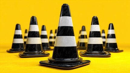 Black and White Traffic Cones Arranged on a Bright Yellow Background for Construction and Safety Themes