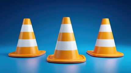 Three Bright Traffic Cones with Stripes on a Blue Background for Safety and Construction Themes