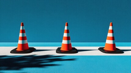 Bright Orange Traffic Cones Aligned on a Blue and White Surface with Shadow Play and Clean Lines