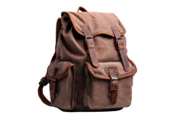 Brown canvas backpack with leather straps buckles and pockets image, Isolated On Transparent Background, Png Cut Out