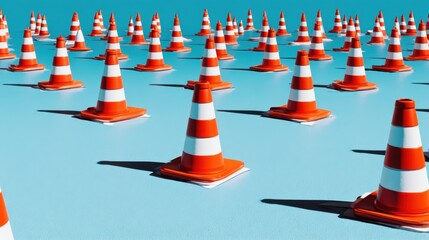 Sea of Traffic Cones on Blue Background Creating a Bold Visual of Urban Safety and Road Management