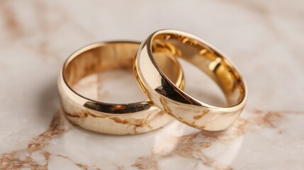 Two Elegant Gold Wedding Bands on a Marble Surface, Symbolizing Love and Commitment in an Intimate Setting