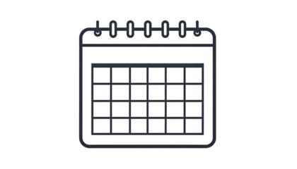 Minimalist black calendar icon on black backdrop, with grid lines indicating dates and top binder rings