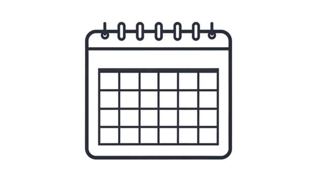 Minimalist black calendar icon on black backdrop, with grid lines indicating dates and top binder rings