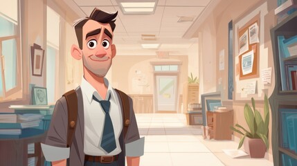 Friendly young man with stylish hairstyle standing in bright, modern office interior surrounded by books and plants