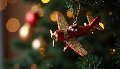 Close up of airplane ornament hanging on Christmas tree with bokeh background