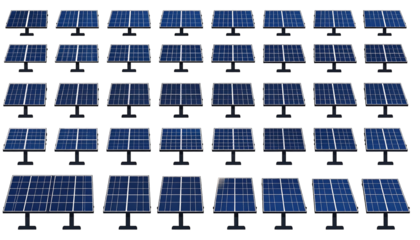 Rows of solar panels gleam, arrayed on a dark surface, reflecting the bright sky in an orderly, repetitive pattern