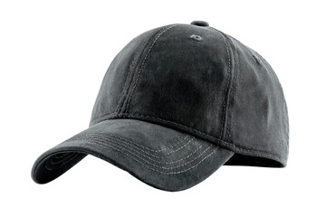 Dark gray washed cotton baseball cap with stitched details on black headwear clothing, Isolated On Transparent Background, Png Cut Out