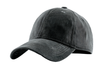 Dark gray washed cotton baseball cap with stitched details on black headwear clothing, Isolated On Transparent Background, Png Cut Out