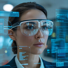 Professional woman wearing futuristic AR glasses analyzes complex data streams and digital interfaces, embracing cutting edge technology