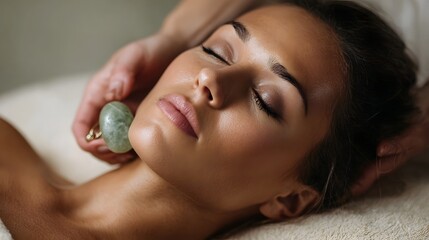 A woman with eyes closed receives a relaxing facial massage with a smooth jade roller tool promoting skin wellness and beauty