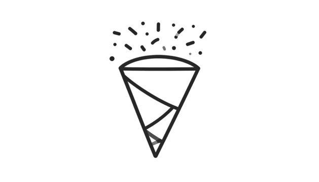 Minimalist line drawing of a party cracker with confetti on a black background