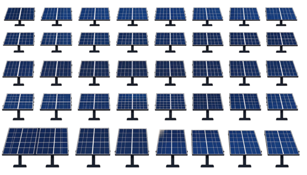 Rows of solar panels gleam, arrayed on a dark surface, reflecting the bright sky in an orderly, repetitive pattern