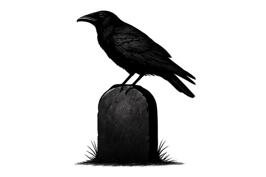 Black crow perched on a gothic gravestone symbolizing death - Powered by Adobe
