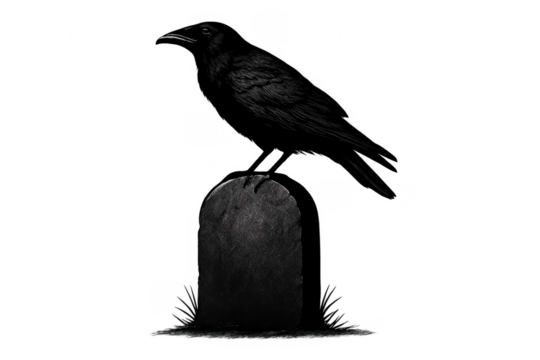 Black crow perched on a gothic gravestone symbolizing death