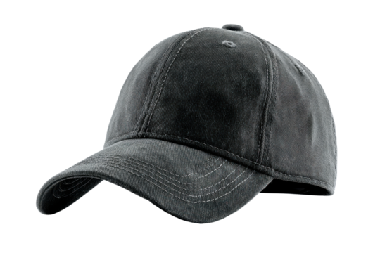 Dark gray washed cotton baseball cap with stitched details on black headwear clothing, Isolated On Transparent Background, Png Cut Out