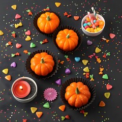 Autumn Pumpkins Candy Shapes Decoration Still Life Flat Lay Holiday Celebration Top View Colorful Sweet Treat Arrangement