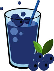  Blueberry juice in a clear glass, blueberries floating inside. silhouette  vector black , white background  