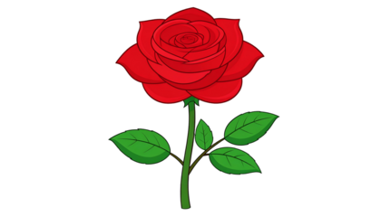 Stylized red rose illustration with lush petals, green leaves, and stem, set against a stark black background