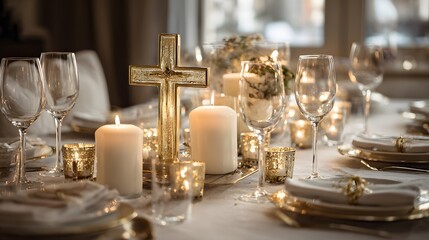 Elegant table setting with golden cross, candles, and wine glasses