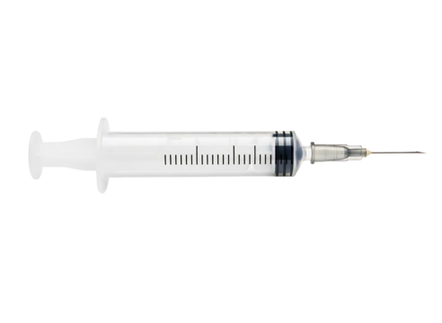 Medical syringe with blue liquid isolated on transparent background